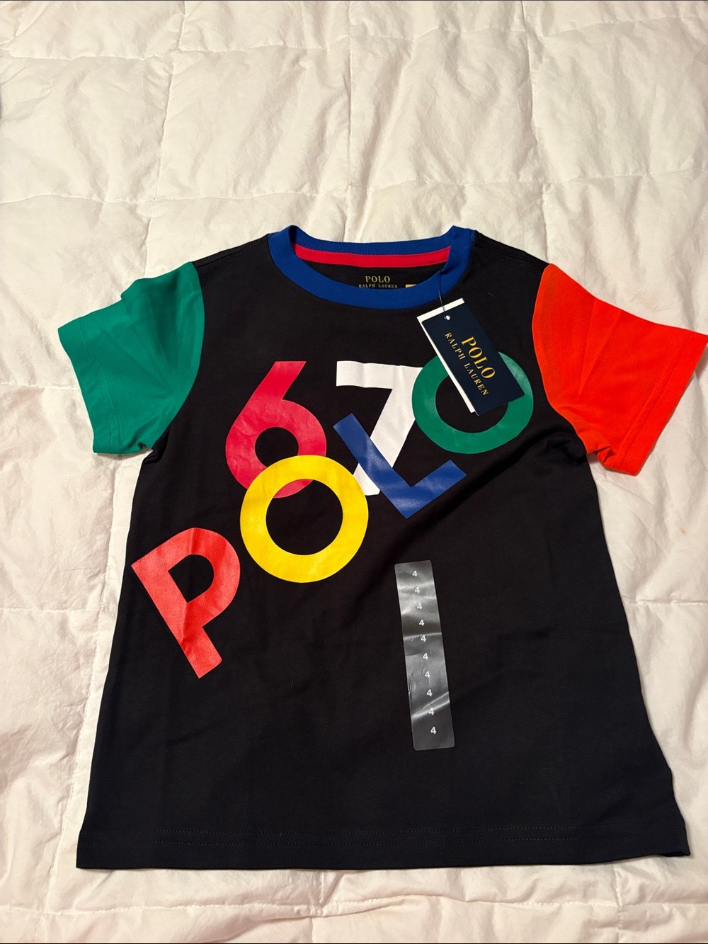 Polo by Ralph Lauren Black Tee with Multicolor Logo and Contrast Sleeves